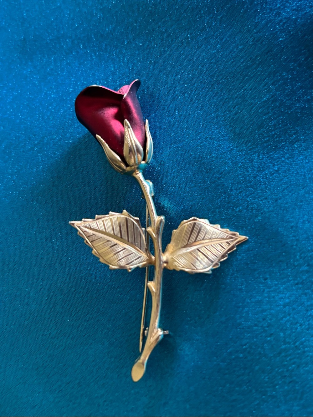 Gold-Tone Rose Brooch with Red Enamel Bloom - Women Jewelry